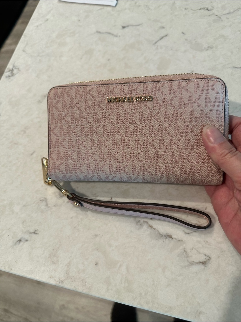 Michael Kors Blush Pink Logo Zip Wristlet with Gold Hardware